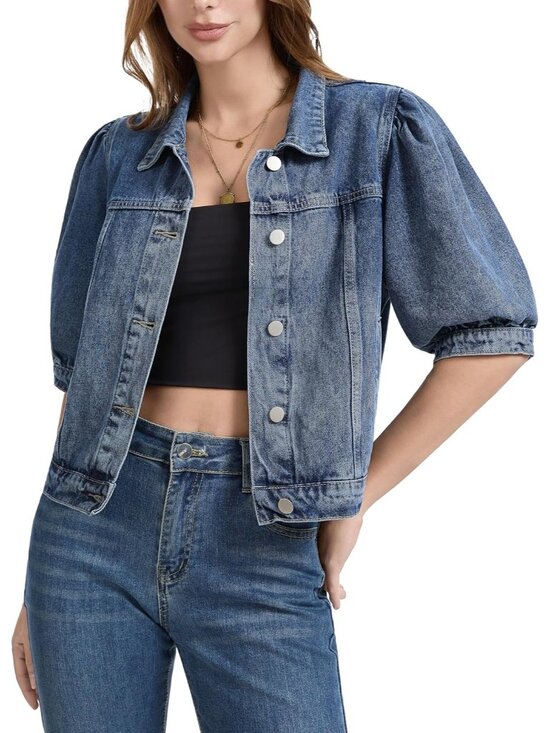 Jackets & Blazers - Women's Grey Blue Cropped Short Puff Sleeve Trendy Denim Jackets with Pockets